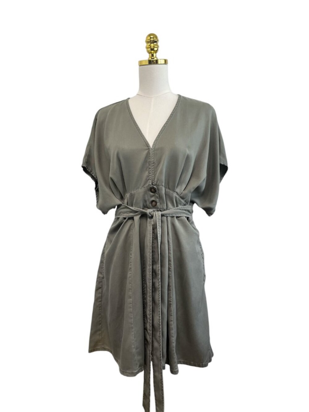 QUINCE Vintage Wash Tencel Button Front V-neckline Women's Mini Dress Olive Sz L - Picture 3 of 11